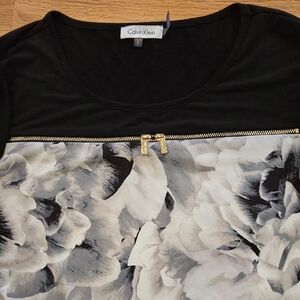 Calvin Klein Monochrome Floral Blouse with Gold Zipper